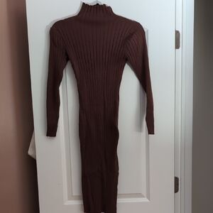 Elegant Brown Ribbed Turtleneck Dress
